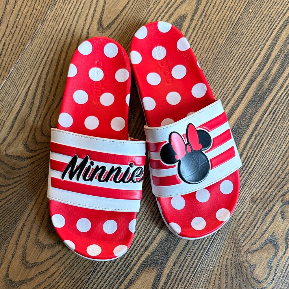 adidas Womens Disney Minnie Red and White Polka Dot Slide Sandals
